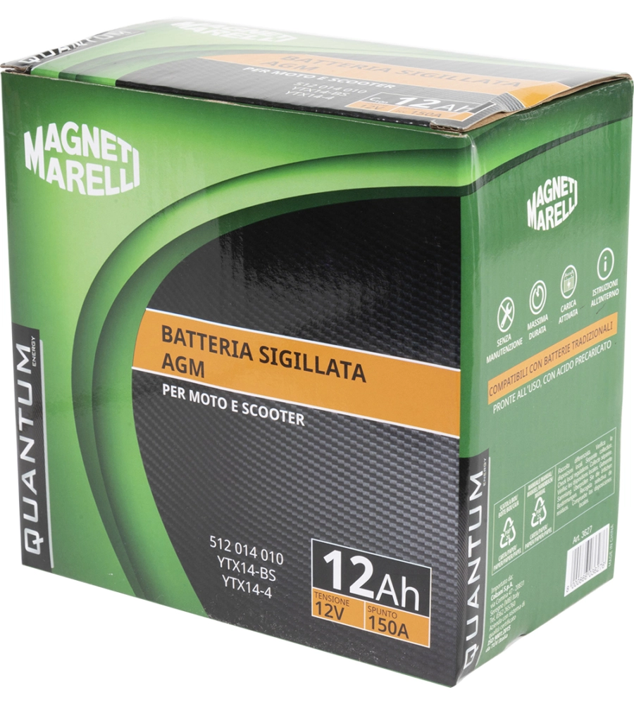 MAGNETI MARELLI BATTERIA MOTO E SCOOTER 12AH 12V 150A TECNOLOGIA AGM SIGILLATA POLO POSITIVO SINISTRO